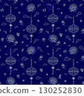 Seamless Chinese Festival Pattern with Silver Gray Line Art Lanterns, Peony Flowers, Clouds, and Calligraphy on Blue Background, Perfect for Lunar New Year, Mid Autumn Festival, and Asian decoration 130252830
