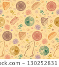 Mid Autumn Festival seamless pattern with mooncake, moon, rabbit, peony, plum and red bean, Minimal pastel line art on pastel yellow background, Chinese traditional holiday design 130252831