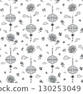 Seamless Chinese Festival Pattern with Dark Line Art Lanterns, Peony Flowers, Clouds, and Calligraphy on Transparent Background,Perfect for Lunar New Year, Mid Autumn Festival, and Asian decoration 130253049