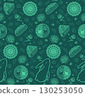 Mid Autumn Festival seamless pattern with mooncake, moon, rabbit, peony, plum and red bean, Mint green line art on turquoise green background, Chinese traditional holiday design 130253050
