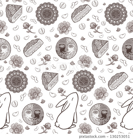 Mid Autumn Festival seamless pattern with mooncake, moon, rabbit, peony, plum and red bean, Minimal dark brown line art on transparent background, Chinese traditional holiday design 130253051