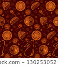 Mid Autumn Festival seamless pattern with mooncake, moon, rabbit, peony, plum and red bean, Yellow gold line art on red background, Chinese traditional holiday design 130253052