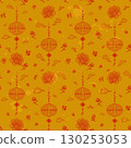 Seamless Chinese Festival Pattern with Red Line Art Lanterns, Peony Flowers, Clouds, and Calligraphy on Yellow Gold Background, Perfect for Lunar New Year, Mid Autumn Festival, and Asian decoration 130253053