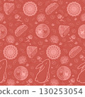 Mid Autumn Festival seamless pattern with mooncake, moon, rabbit, peony, plum and red bean, Light pink line art on pink peach background, Chinese traditional holiday design 130253054