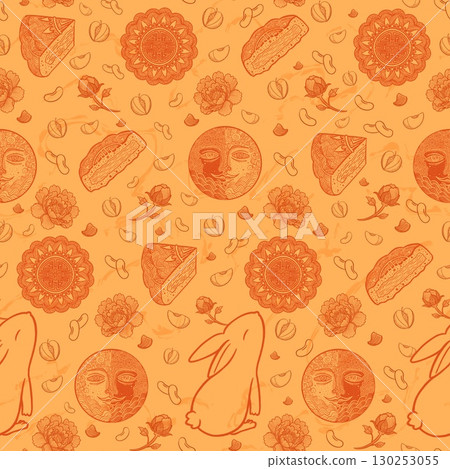 Mid Autumn Festival seamless pattern with mooncake, moon, rabbit, peony, plum and red bean, Orange line art on pastel yellow background, Chinese traditional holiday design Mid Autumn Festival seamless pattern with mooncake, moon, rabbit, peony, plum and red bean, Orange line art on pastel yellow background, Chinese traditional holiday design 130253055