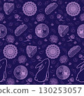 Mid Autumn Festival seamless pattern with mooncake, moon, rabbit, peony, plum and red bean, Light purple line art on dark blue background, Chinese traditional holiday design 130253057