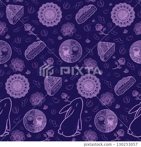 Mid Autumn Festival seamless pattern with mooncake, moon, rabbit, peony, plum and red bean, Light purple line art on dark blue background, Chinese traditional holiday design Mid Autumn Festival seamless pattern with mooncake, moon, rabbit, peony, plum and red bean, Light purple line art on dark blue background, Chinese traditional holiday design 130253057