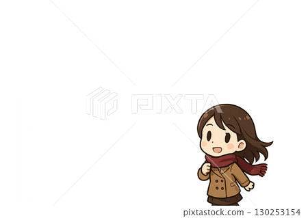 圖：秋天，一位女性角色戴著圍巾沿著綠樹成蔭的道路行走 130253154