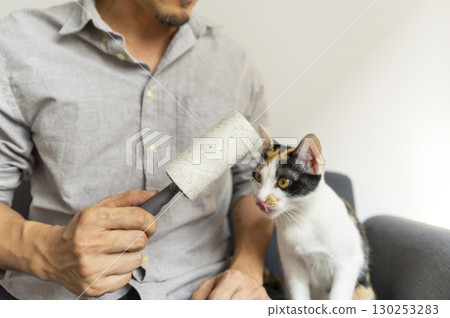 Close up of man holding lint roller sitting on a sofa with a cute cat sit beside. Close up of man holding lint roller sitting on a sofa with a cute cat sit beside. 130253283