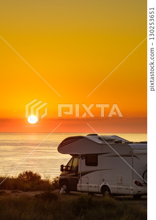 Caravan on sea at sunrise. Caravan on sea at sunrise. 130253651