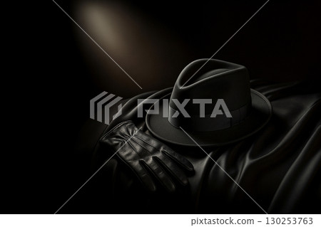 Black fedora hat and leather gloves 130253763