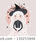 Little witch, Girl character with long white hair wearing witch hat decorated with flowers. Vector illustration. Halloween and magic concept. 130253848