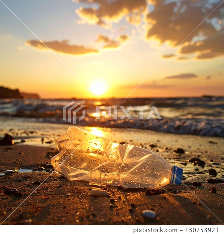 提出在夕陽照射下的海灘上丟棄塑膠瓶的問題 130253921