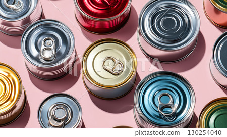 創意罐頭食品背景，閃亮的金屬罐頂 130254040