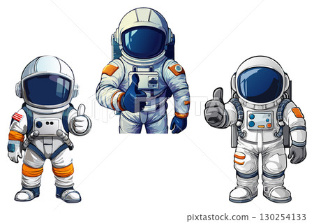 Cosmonaut floating in space, astronaut in spacesuit fling in the space, astronaut in space suit showing thumb up or like gesture, cosmonaut in helmet and uniform 130254133