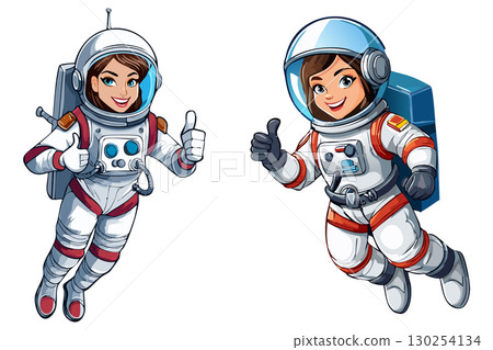 Cosmonaut floating in space, astronaut in spacesuit fling in the space, astronaut girl in space suit showing thumb up or like gesture, Smiling woman cosmonaut in helmet and uniform 130254134
