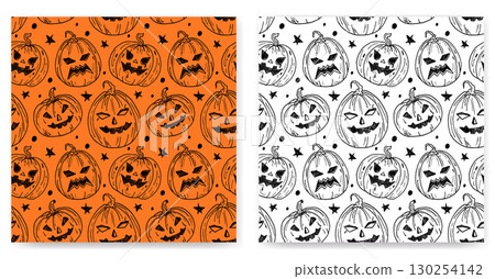 A collection of seamless Halloween drawings with spooky pumpkins and stars, monochrome illustrations on a white and orange background in a scribble style. Packaging design. Smiling pumpkin monsters. A collection of seamless Halloween drawings with spooky pumpkins and stars, monochrome illustrations on a white and orange background in a scribble style. Packaging design. Smiling pumpkin monsters. 130254142