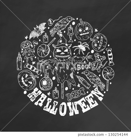Round design with Halloween holiday on chalkboard. Pumpkin, candle, scarecrow, bat, candy, spiders and monsters icon. Hand drawn vector frame with Halloween written. Holiday sketch 130254144