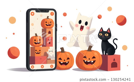 Playful Halloween Scene with Ghost, Cat, Pumpkins, and Smartphone Displaying Game Playful Halloween Scene with Ghost, Cat, Pumpkins, and Smartphone Displaying Game 130254241