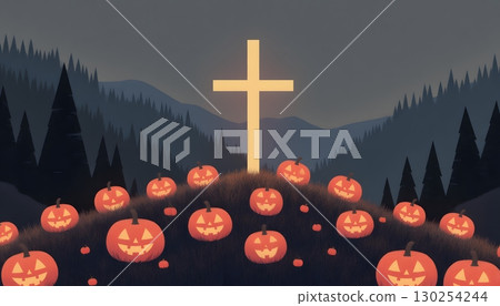 Spooky Autumn Scene with Jack-o'-lanterns and Cross in a Dark Forest Landscape Spooky Autumn Scene with Jack-o'-lanterns and Cross in a Dark Forest Landscape 130254244