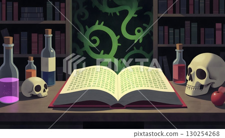 Mysterious Spellbook Surrounded by Potion Bottles and Skull Decor in Dark Library 130254268