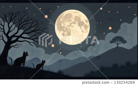 Black Cats Silhouetted Under Full Moon and Starry Sky in Serene Night Landscape 130254269