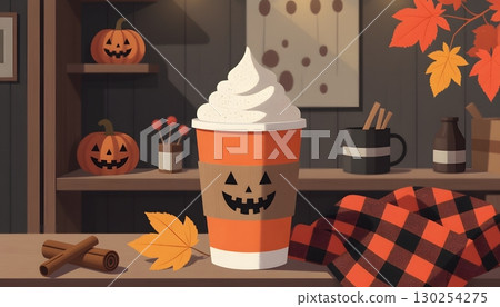 Cozy Autumn Scene with Pumpkin Decor and Halloween Cup on Wooden Table Cozy Autumn Scene with Pumpkin Decor and Halloween Cup on Wooden Table 130254275