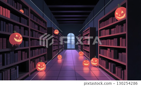 Spooky Library with Jack-o'-Lanterns and Shadows for Halloween Atmosphere 130254286