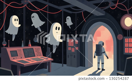 Astronaut explores a whimsical ghostly environment in a futuristic space station Astronaut explores a whimsical ghostly environment in a futuristic space station 130254287