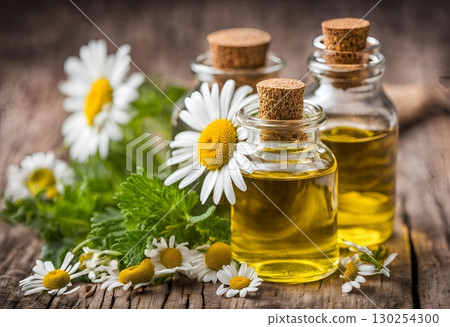 Fragrant chamomile essential oil is used in cosmetics and spas to relieve stress, headaches and menstrual pain. It promotes restful sleep and is gentle with antibacterial properties. AI Generated 130254300