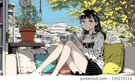 Autumn reading season: young woman reading a book in the living room 130254318