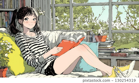 Autumn reading season: young woman reading a book in the living room 130254319
