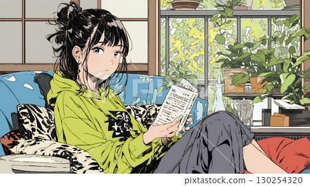 Autumn reading season: young woman reading a book in the living room 130254320
