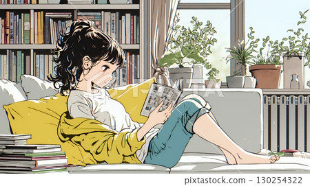 秋季讀書季：年輕女子在客廳看書 130254322