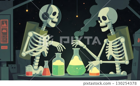 Two Skeletons in Space Laboratory Conducting Experiments with Colorful Beakers 130254378