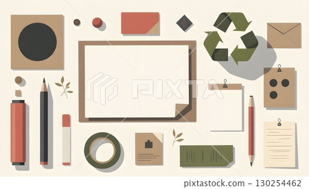 Creative Workspace Arrangement with Stationery, Paper, and Eco-friendly Elements 130254462