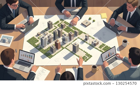 Business Team Collaborating on Urban Development Project with Model and Laptops 130254570