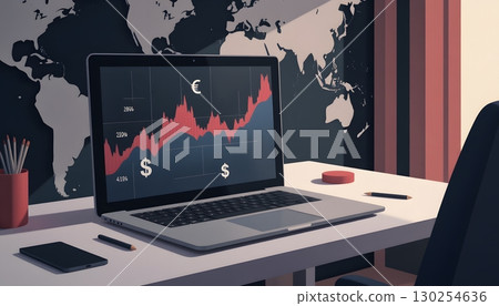 Financial Analysis with Graphs and World Map in Modern Office Environment 130254636
