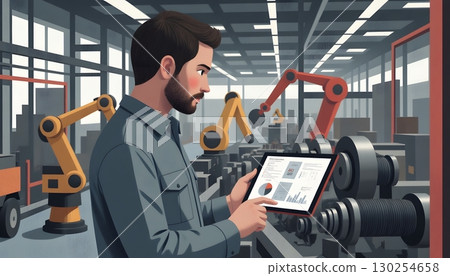 Industry Professional Analyzing Data on Tablet in High-Tech Manufacturing Environment 130254658
