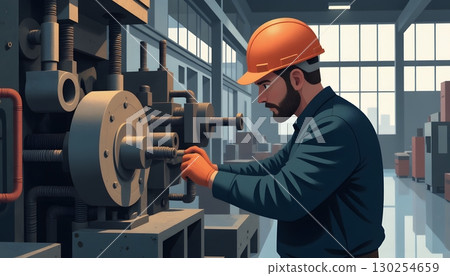 Skilled Worker Adjusting Machinery in Modern Industrial Workshop Environment 130254659