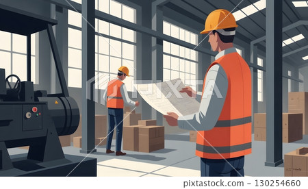 Warehouse Workers Inspecting Boxes and Plans in a Modern Industrial Setting 130254660