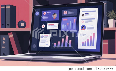 Business Analytics Dashboard on Laptop Screen Displaying Colorful Charts and Graphs 130254666
