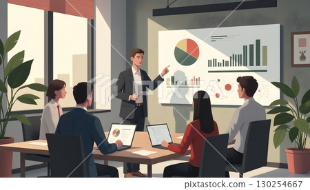 Business Meeting with Presentation and Team Discussion in Modern Office Setting Business Meeting with Presentation and Team Discussion in Modern Office Setting 130254667