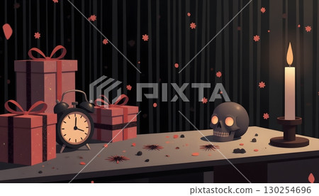 Dark and Mysterious Scene with Gifts, Skull, Flowers, Candle, and Clock 130254696