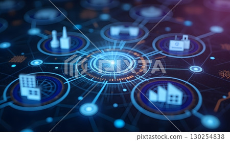 Modern Digital Network with Connected Icons Representing Technology and Industry 130254838