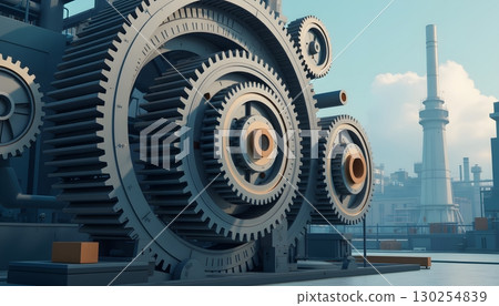 Large Industrial Gears with Factory in the Background Under Clear Blue Sky Large Industrial Gears with Factory in the Background Under Clear Blue Sky 130254839