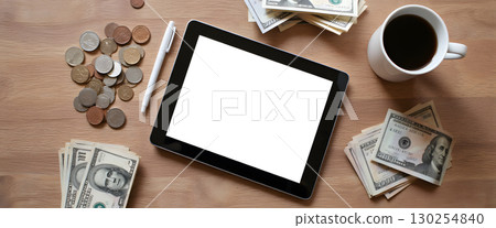Business Workspace with Tablet, Notes, Coffee, Cash, and Coins on Wooden Table 130254840
