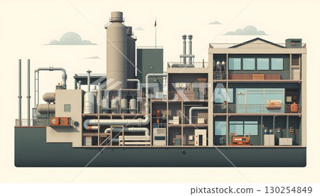 Detailed Illustration of Industrial Building with Pipes and Machinery Equipment 130254849
