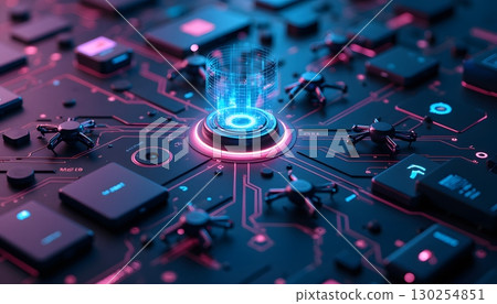 Futuristic Circuit Board with Neon Elements and Holographic Projection Effects 130254851