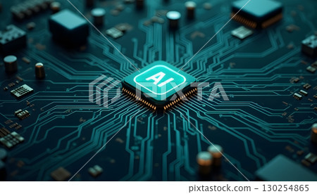 Detailed Close-Up of Circuit Board with AI Chip and Electronic Components 130254865